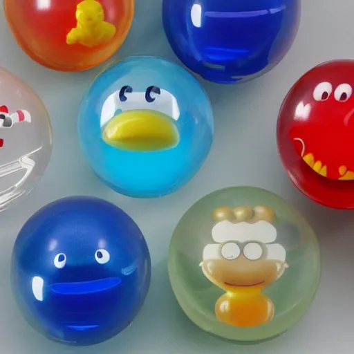 Prompt: translucent gelatin orb filled with cartoon characters