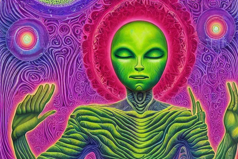 Image similar to painting of a tranquil alien meditating in lush forest by alex grey, acrylic art, ethereal, soothing, somber, elegant, soft light,