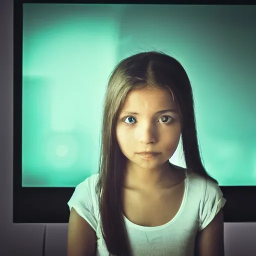 Prompt: closeup of girl face in dark room at crt monitor