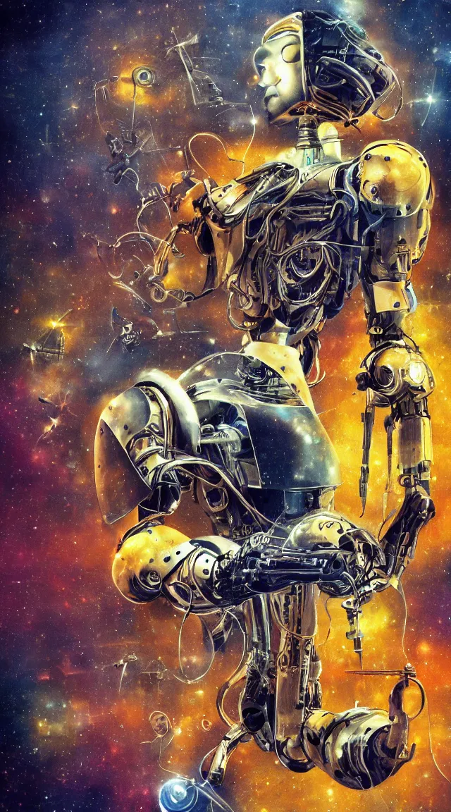 Image similar to jazz, sci fi, music notes, robot, wallpaper, masterpiece, hdr, hyperrealistic