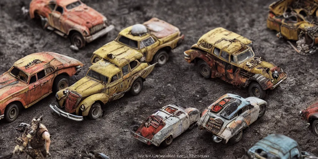 Prompt: needle felt of immortan joe and cars from fury road ( 2 0 1 5 ), tilt shift, action shot, detailed textures, action, dramatic light, god rays