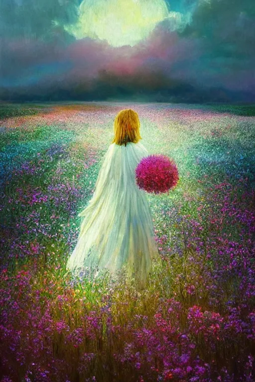 Image similar to giant white flower head, veil girl walking in a flower field, surreal photography, sunrise, dramatic light, impressionist painting, colorful clouds, digital painting, artstation, simon stalenhag