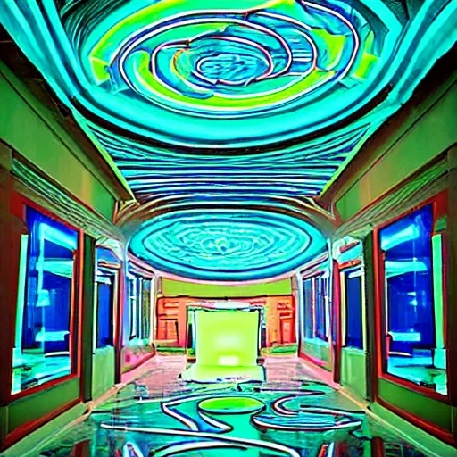 Image similar to dreampool rooms, neon ceramic tiles, spiraling stairs, blue sunlight coming through columns of neon emerald
