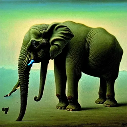 Prompt: a line of giant elephant painting by beksinski, barlowe colors. masterpiece painting