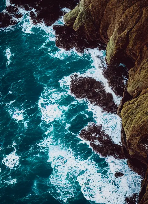 Image similar to a view of the ocean from a cliff, a tilt shift photo by liam wong, unsplash, naturalism, cinematic view, terragen, shot on 7 0 mm