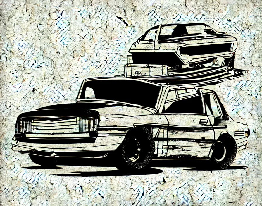 Prompt: post - apocalyptic car blueprint, flat drawing, thin line, black and white, digital drawing, textless