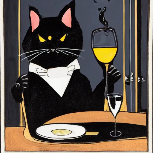 Prompt: a portrait of a black cat drinking expensive champagne in a fancy dark bar