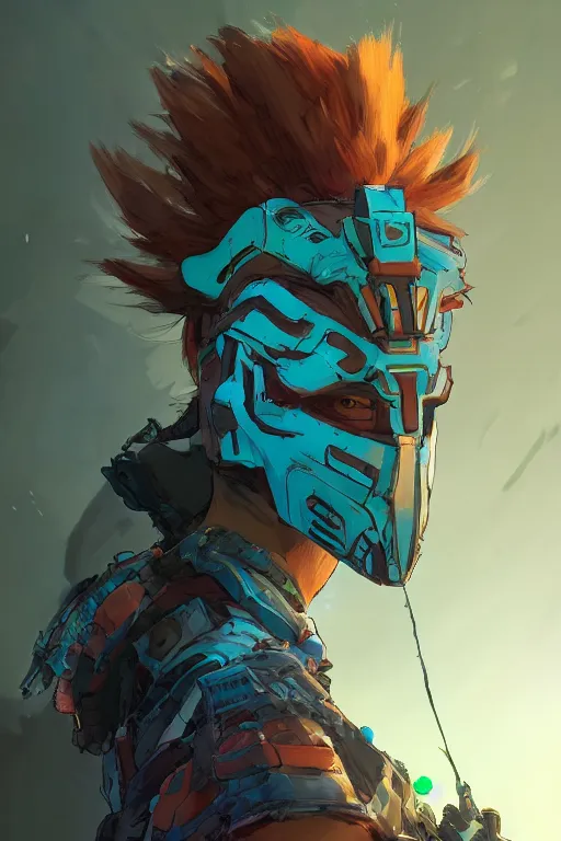 Image similar to combination suit armor aloy horizon forbidden west horizon zero dawn robot ninja mask helmet backpack tribal, art gta 5 comics, official fanart behance hd artstation by jesper ejsing, by rhads, makoto shinkai and lois van baarle, ilya kuvshinov, ossdraws radiating a glowing aura cgi rtx 2 0 2 2