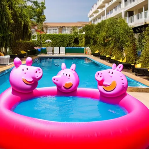 Image similar to an inflatable float of Peppa Pig in the center of a luxury hotel swimming pool