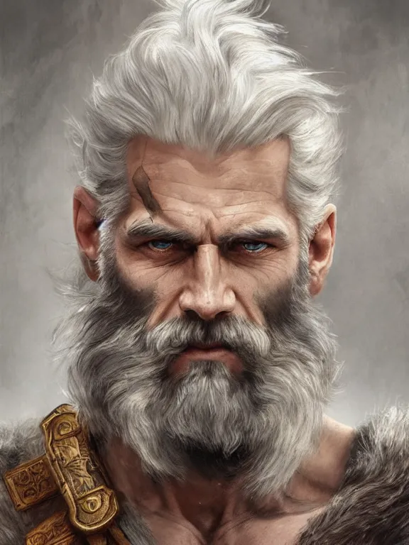 Image similar to painted portrait of rugged odin, god of war, norse god, white hair, masculine, mature, handsome, upper body, grey and silver, muscular, hairy torso, fantasy, intricate, muscular, elegant, highly detailed, digital painting, artstation, concept art, smooth, sharp focus, illustration, art by gaston bussiere and alphonse mucha