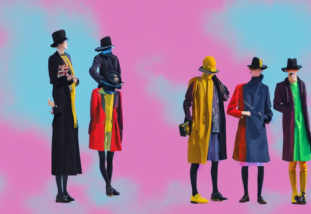 Image similar to full body portrait of a trio of young fashionable european tourists long pattern coat travel apparel, with nikon cameras, sightseeing various poses shooting photos, character designs painting, in the style of wes anderson, rene magritte, lola dupre, david hockney, isolated on white background, dark monochrome neon spraypaint accents volumetric octane render