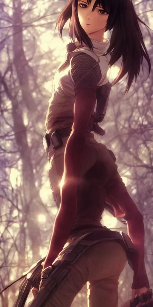 Image similar to mikasa ackerman, hero pose, medium shot, bokeh, beautiful face!!!!, 2 7 years old, cg animation, lifelike, animated, realistic, character select portrait, by artgerm, greg rutkowski, alphonse mucha, 3 d