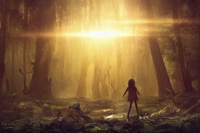 Prompt: the great beyond, sci - fi scene future new york, little girl holding a hand of a big robot, forest punk, crepuscular rays, epic scene, hyper realistic, photo realistic, overgrowth, cinematic atmosphere, ethereal lighting, style of john - waterhouse