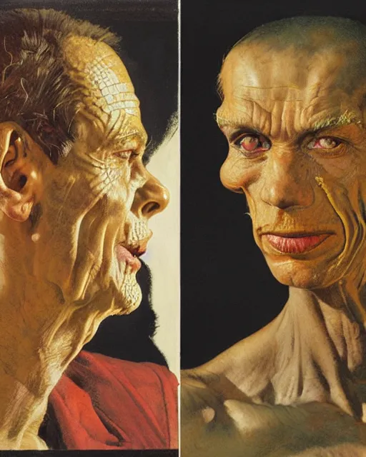 Prompt: upper body and head portrait of lizard man, by norman rockwell, roberto ferri, daniel gerhartz, edd cartier, jack kirby, howard v brown, ruan jia, tom lovell, frank r paul, jacob collins, dean cornwell, 5 0 s pulp scifi fantasy illustration