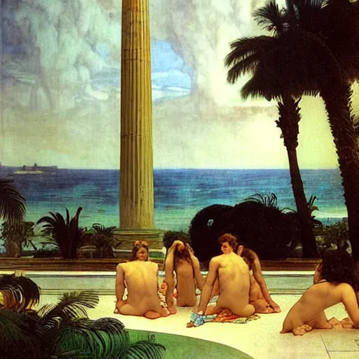 Image similar to The giant column, thunderstorm, greek pool, beach and palm trees on the background major arcana sky, by paul delaroche, alphonse mucha and arnold böcklin arnold böcklin hyperrealistic 8k, very detailed