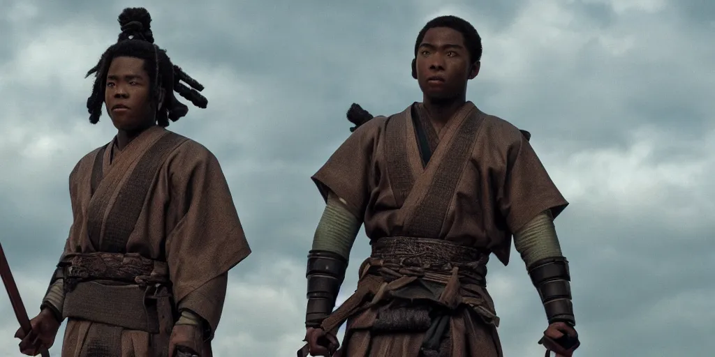 Image similar to a film still of a black boy starring in a japanese blockbuster film as ancient samurai, intense, shallow depth of field, cinematic, award winning cgi, vfx, film still