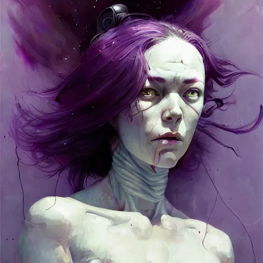 Image similar to pale woman in sci - fi power armor with purple hair, powerful, domineering, stoic, masterful, intense, in the style of adrian ghenie, esao andrews, jenny saville,, surrealism, dark art by james jean, takato yamamoto