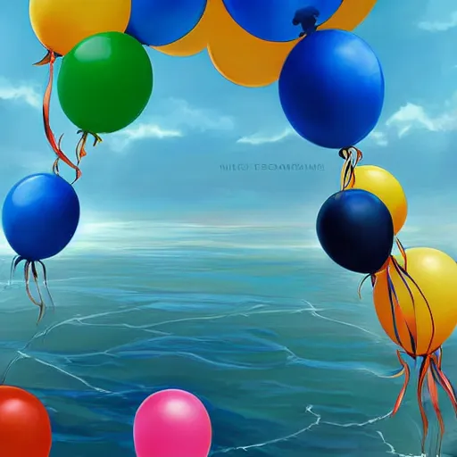 Image similar to plenty of floating birthday balloons. beautiful sea. digital art, highly - detailed, artstation cgsociety masterpiece