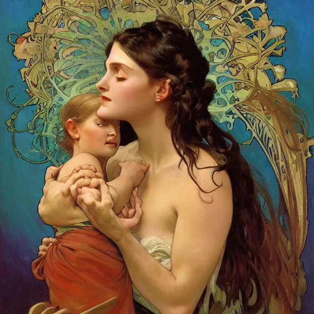 Image similar to an aesthetic! detailed portrait of an aesthetic woman crying mournfully while cradling a child, by frank frazetta and alphonse mucha, oil on canvas, bright colors, art nouveau, epic composition, dungeons and dragons fantasy art, hd, god - rays, ray - tracing, crisp contour - lines, huhd - 8 k