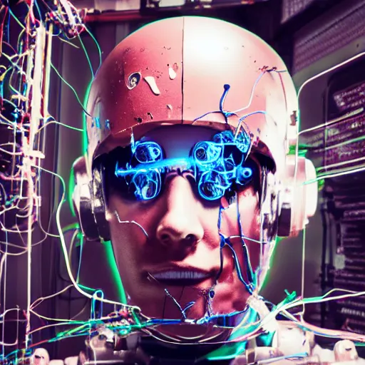 Prompt: Beautiful Photo of Arduino Uno in the robot's head. cyborg man. Cyberpunk. splatterpunk. 4K
