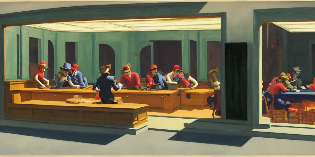 Image similar to painting, view from inside edward hopper's painting nighthawks, of a group of werebears robbing a bank, by magrirre, by neo rauch