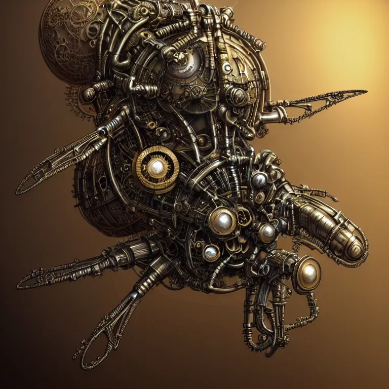 Prompt: steampunk cybernetic biomechanical fly, 3 d model, unreal engine realistic render, 8 k, micro detail, intricate, elegant, highly detailed, centered, digital painting, artstation, smooth, sharp focus, illustration, artgerm, tomasz alen kopera, wlop