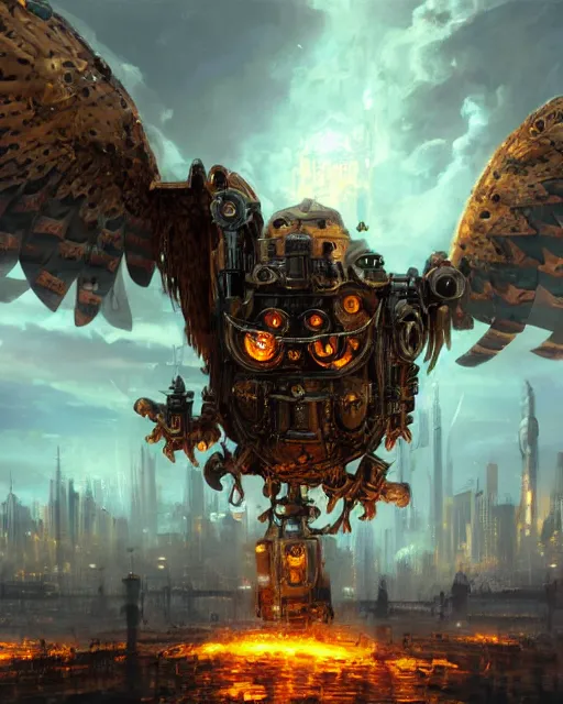 Image similar to oil painting of Gigantic Steampunk Owl Robot destroying city, sharp focus, exploding golden steampunk city background, full body, heroic pose, fantasy style, octane render, volumetric lighting, 8k high definition, by greg rutkowski, highly detailed, trending on art Station, magic the gathering artwork, centered, dramatic artwork, combat scene