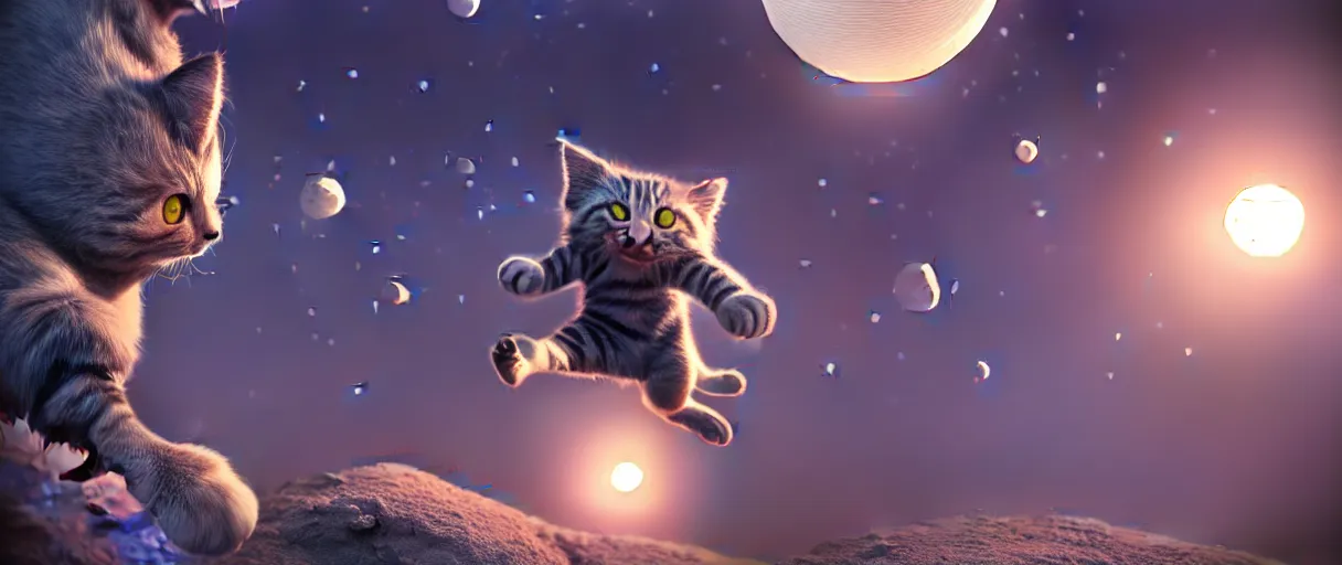 Image similar to hyperrealistic detailed 3d render of a cute moonchy catman jumping around sharp cinematic lighting vray 8k low angle shallow depth of field