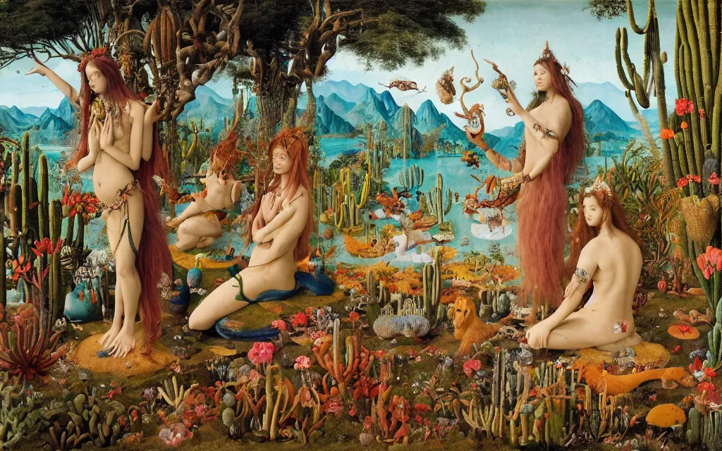 Image similar to a portrait photograph of a meditating mermaid shaman and a centaur prince feeding tropical animals at a wide river delta. surrounded by bulbous flowers, animals, trees and cacti. mountain range under a vast blue sky of burning stars. painted by jan van eyck, max ernst, ernst haeckel and artgerm, cgsociety, artstation, fashion editorial