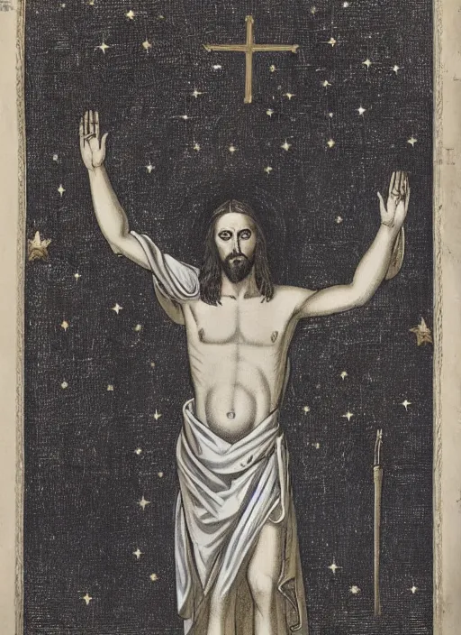 Prompt: « full length portrait of the jesus, robe down to his feet, band of gold round his breasts, white hear, fire in eyes, seven stars in right hand, two - edged sword out of the mouth »