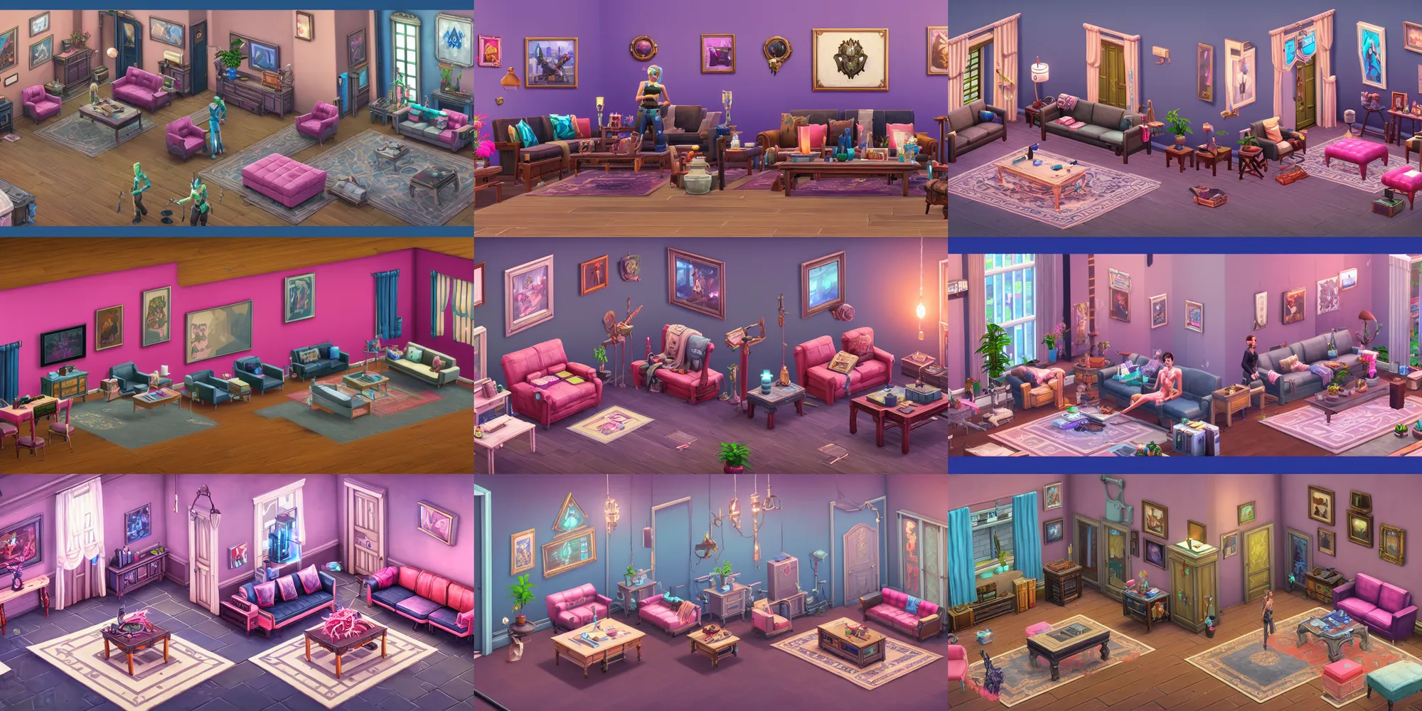 Prompt: game asset of the sims shadowrun living room with furniture and decor, in gouache detailed paintings, props, stylized, 2 d sprites, kitbash, arcane, overwatch, blue and pink color scheme, 8 k, close up