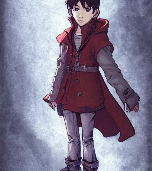 Image similar to attractive little boy character inspired in little red riding hood and evil wolf, digital artwork made by akihiko yoshida and makoto shinkai, anatomically correct, symmetrical