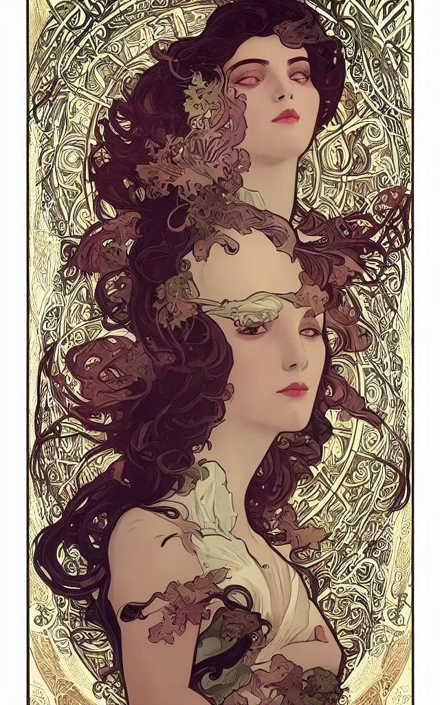 Prompt: illustration of a beautiful woman on a cyberpunk art nouveau playing card, in style of Alphonse mucha, Charlie Bowater, Tom Bagshaw