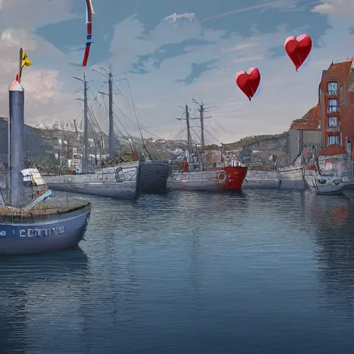 Image similar to digital art of a maritime port in bretagne with giant birthday balloons, artstation cgsociety masterpiece