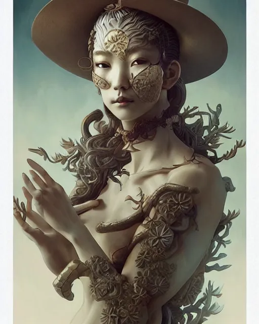 Image similar to intricate japanese carved porcelain with gilding western woman portrait, celestial overgrowth, photorealistic, elegant, artgerm, peter mohrbacher