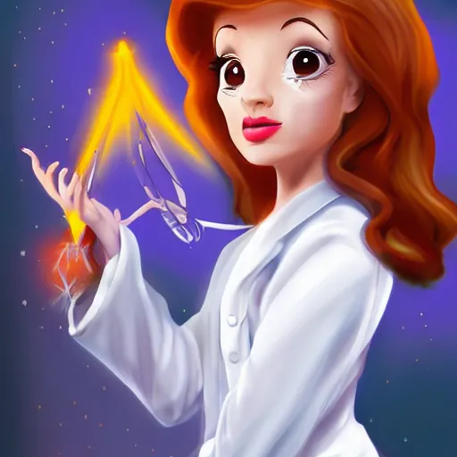 Image similar to stern looking beautiful girl in a labcoat, casting a magic spell, disney style, digital art,