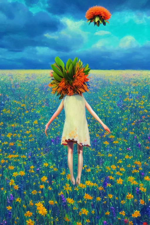 Image similar to closeup, giant flower head, girl in suit floating above field of flowers, surreal photography, sunrise, blue sky, dramatic light, impressionist painting, digital painting, artstation, simon stalenhag