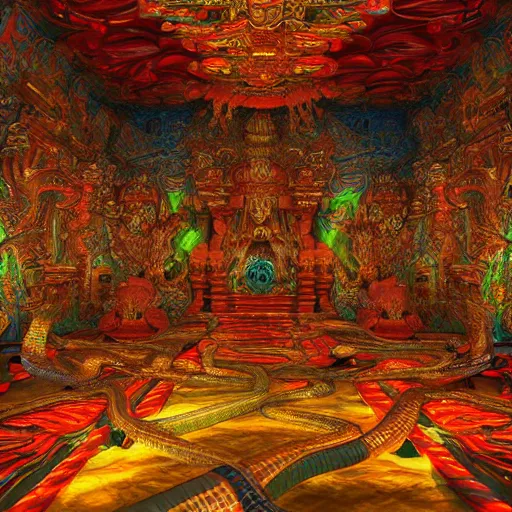 Image similar to Photorealistic inside a temple made of snakes. Hyperdetailed photorealism, 108 megapixels, amazing depth, glowing rich colors, powerful imagery, psychedelic Overtones, 4D, 3D Shading, 3D Cinematic Lighting, Finalrender, Artstation concept art