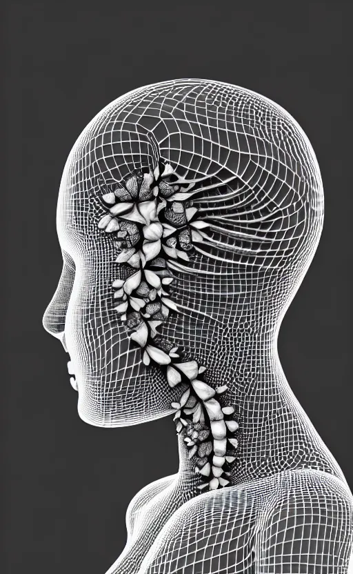 Prompt: a black and white 3D render of a beautiful profile face portrait of a female vegetal-dragon-cyborg, 150 mm, orchid stems, ivy, fine vegetal lace, Mandelbrot fractal, anatomical, flesh, facial muscles, microchip, veins, arteries, full frame, microscopic, elegant, highly detailed, flesh ornate, elegant, high fashion, rim light, octane render in the style of H.R. Giger