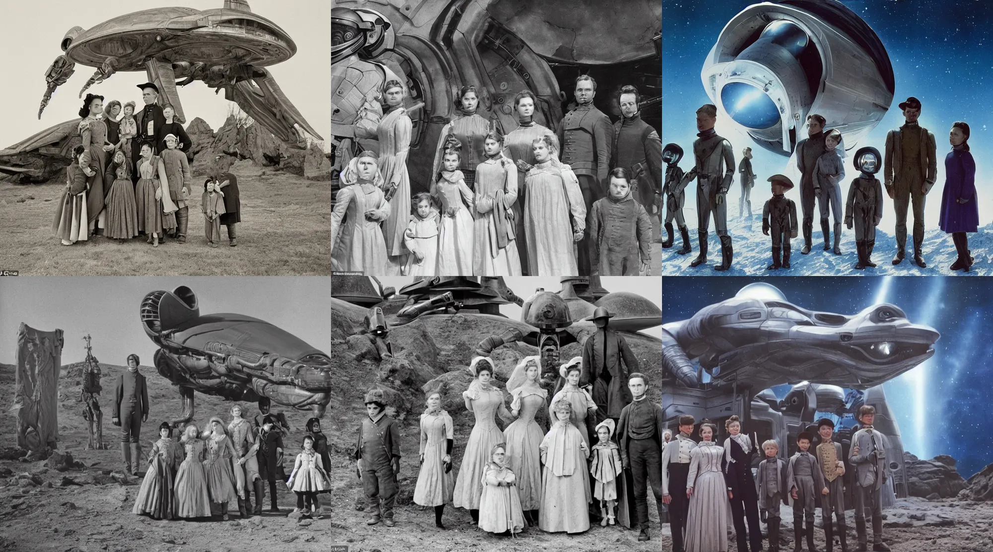 Prompt: sharp, detailed, 256k film still from a sci fi blockbuster color movie made in 2020, set in 1860, of a family standing in front of a spaceship that has just landed on an alien planet, a humanoid alien creature stands nearby, the family are all wearing 1860s era clothes, cinematic lighting, good photography, sharp focus