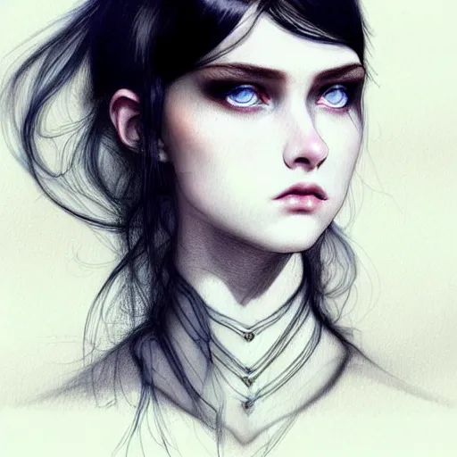 Prompt: pen and ink sketch of english teenage girl with black hair, china blue eyes, pale glowing skin, beautiful sinister features, rich and evil, elegant fashion model, fantasy, intricate, elegant, dress shirt and tie, highly detailed, digital painting, artstation, concept art, smooth, sharp focus, illustration, art by Krenz Cushart and Artem Demura and alphonse mucha, black and white