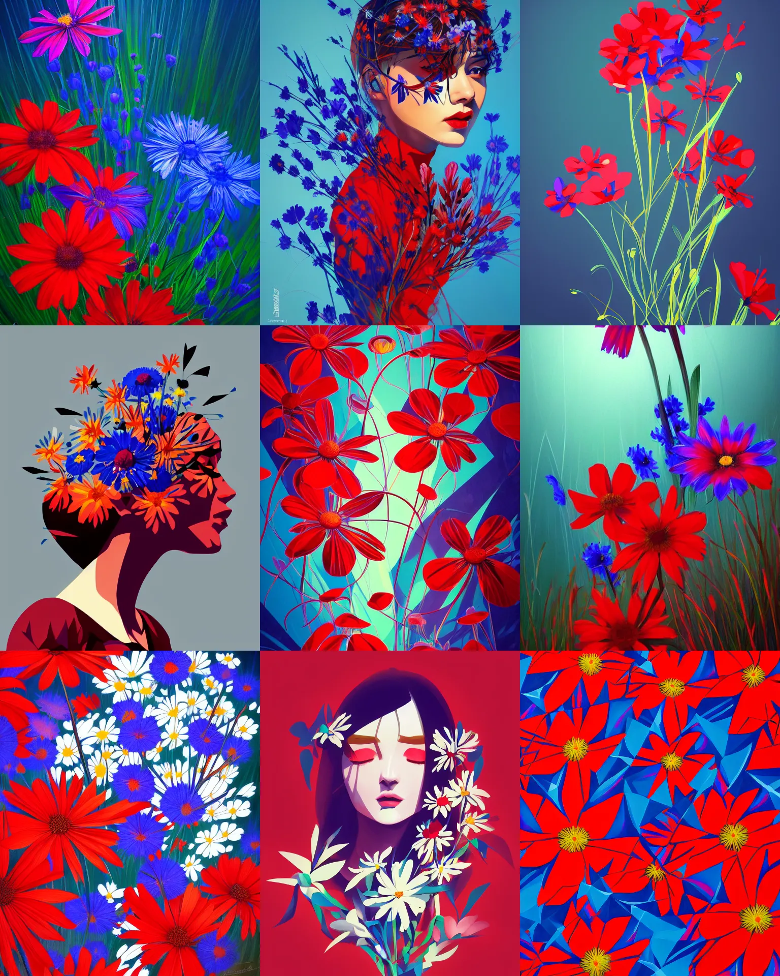 Prompt: wild flowers, geometric painting by stanley artgerm, dramatic lighting, ilya kuvshinov, trending on artstation, flat colour, geometric curves, gradient filter, red and blue back light