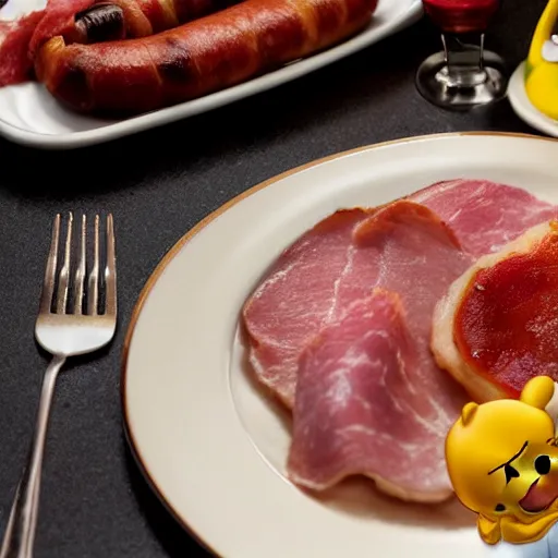 Image similar to close up of winnie the pooh with a plate of sausage and bacon and ham hock, cinematographic shot, photo 3 d