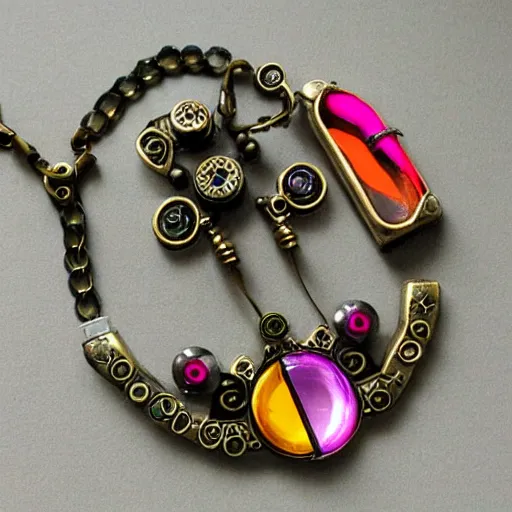 Image similar to steampunk jewellery with neon colours