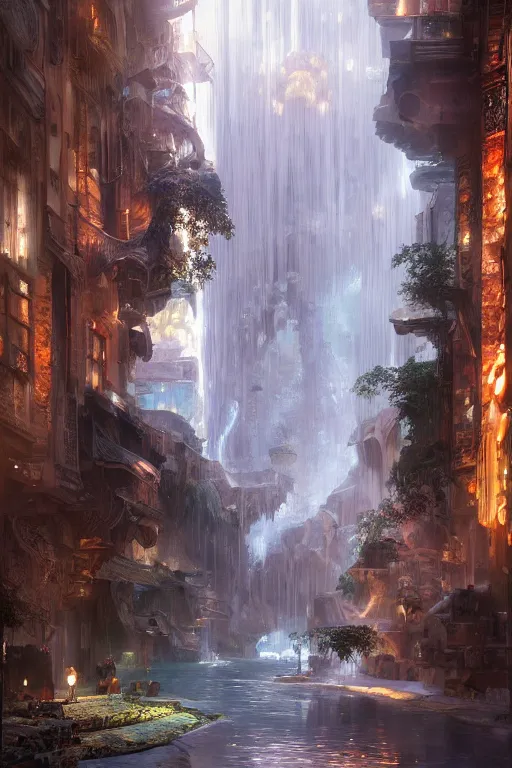 Image similar to inside the antique street of atlantis the city of water, waterfall, intricate, elegant, volumetric lighting, digital painting, highly detailed, artstation, sharp focus, illustration, concept art, ruan jia, steve mccurry