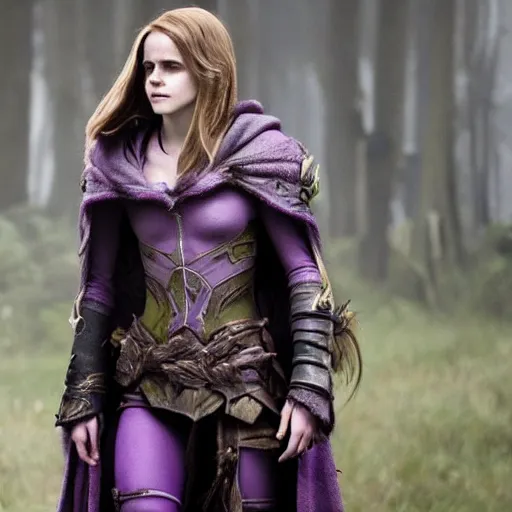 Prompt: movie still Emma Watson as Sylvanas Windrunner , pale violet skin