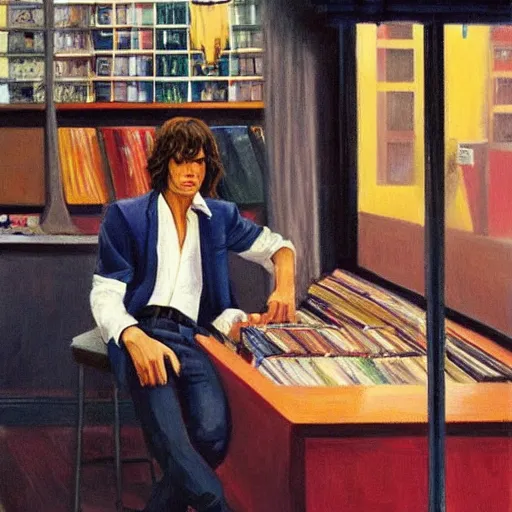 Image similar to a portrait painting of mick jagger working in a record store in 1 9 6 9, artistic, in the style of edward hopper