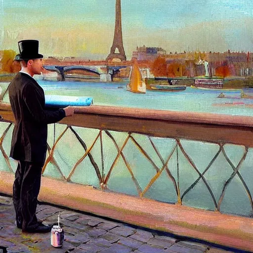 Image similar to ewan mcgregor is standing by the river seine on a bridge in the morning. he is wearing a gentleman ´ s outfit with a bowler hat. next to him at his feet is lying a brown cat. ewan mcgregor is painting a canvas that is put on an easel. morning light. early 2 0 th century paris. vivid colours, digital art