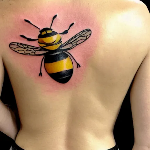 Image similar to a tattoo of bee movie by pixar on the clear back of a woman with crimson - red hair, tattooist is anonymous