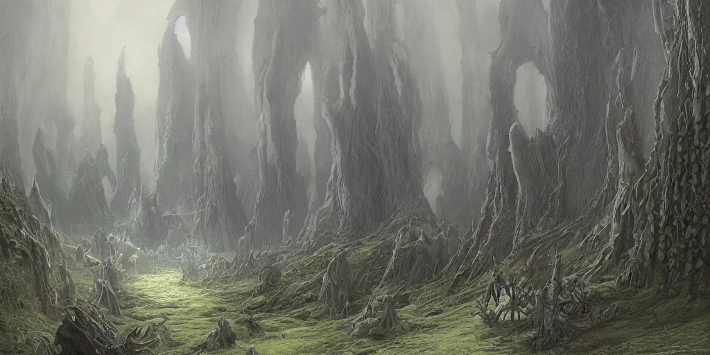 Image similar to artwork by john howe of a forest of abyss elders